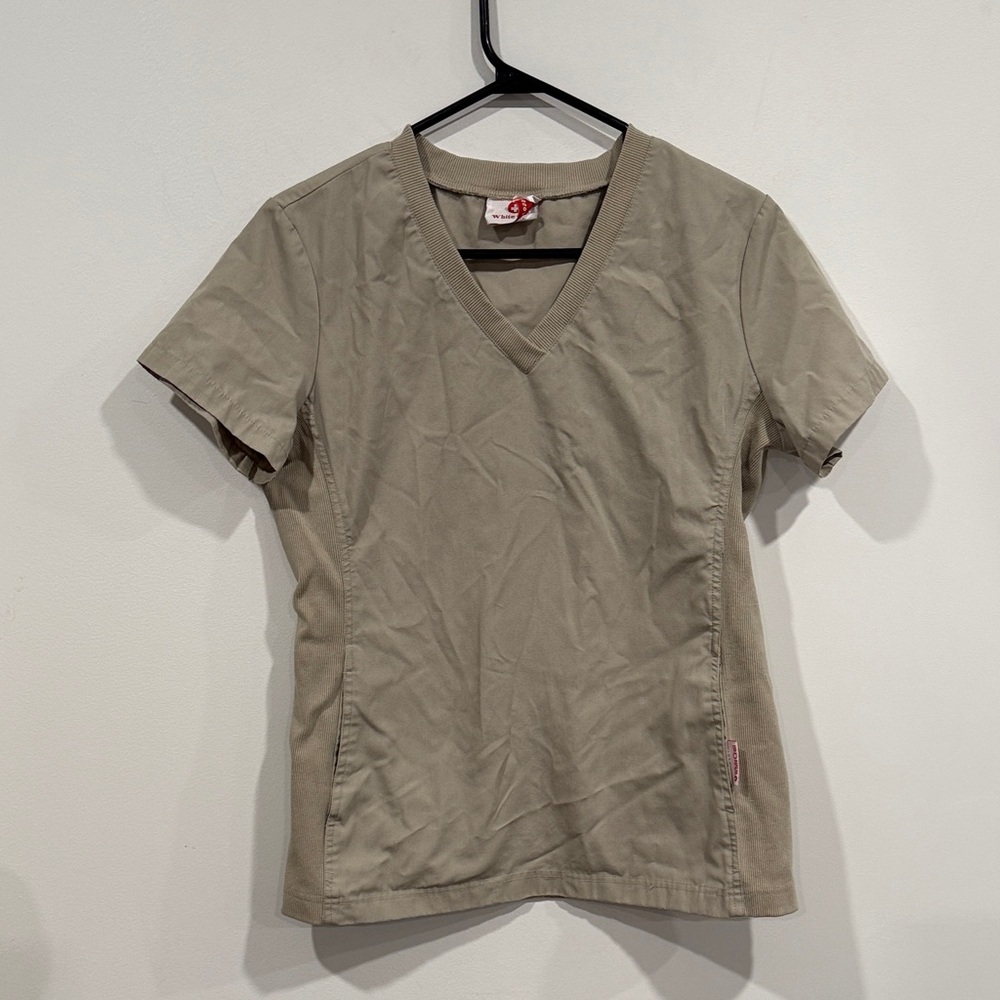 White Cross Beige V-Neck Scrub Top